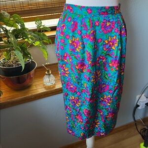 VTG Korean 100 % Silk Midi Pencil Skirt Jewel Tones 8 Blue Pink Floral